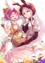  2girls animal_ears basket black_gloves bow closed_eyes closed_mouth dress easter_egg egg facial_mark fae_(fire_emblem) fae_(spring)_(fire_emblem) fake_animal_ears fire_emblem fire_emblem:_the_binding_blade fire_emblem_heroes flower forehead_mark gloves green_eyes heterochromia highres holding idunn_(fire_emblem) idunn_(spring)_(fire_emblem) long_hair multiple_girls nakabayashi_zun open_mouth pantyhose petals pointy_ears purple_hair rabbit_ears red_eyes see-through see-through_sleeves short_hair sitting white_gloves white_legwear 