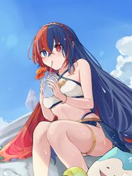  alear_(female)_(fire_emblem) alear_(fire_emblem) bikini blue_eyes blue_hair blue_sky bracelet breasts commentary_request crossed_bangs cup drink drinking_glass drinking_straw drinking_straw_in_mouth female fire_emblem fire_emblem_engage hair_between_eyes highres holding holding_drink jewelry long_hair looking_at_viewer multicolored_hair official_alternate_costume red_eyes red_hair sakura_no_yoru sky solo sommie_(fire_emblem) swimsuit two-tone_hair very_long_hair wet white_bikini 