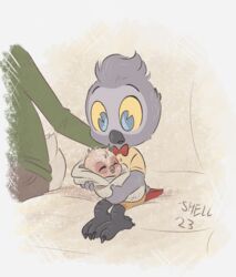  4_toes african_grey afrotropical_parrot ambiguous_gender anthro avian b.o.y.d. baby barefoot beak bird blue_eyes bottomwear bow_tie brown_clothing chick chicken claws clothing disney ducktales ducktales_(2017) facial_markings fan_character feathers feet fluffy fluffy_tail furniture galliform gallus_(genus) green_clothing grey_beak grey_body grey_feathers grey_feet group gyro_gearloose hand_on_back head_markings head_tuft holding_baby holding_character holding_child machine male markings mask_(marking) on_sofa parrot phasianid pink_body pink_skin red_clothing red_tail red_tail_feathers robot scuted_feet scuted_legs scutes shellyochunks short_sleeved_shirt shorts simple_background sitting sitting_on_sofa sofa swaddling tail talons tan_background tan_body tan_clothing tan_feathers tan_tail_feathers toe_claws toes trio true_parrot tuft white_background white_body white_feathers white_tail_feathers yellow_clothing yellow_eyes yellow_sclera young zygodactyl 