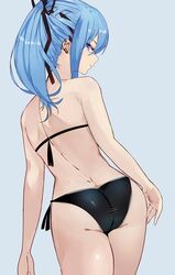  absurdres alternate_costume alternate_hairstyle ass back bikini black_bikini blue_eyes blue_hair closed_mouth commentary cowboy_shot ear_piercing earclip female from_behind grey_background hair_ribbon halterneck highres hololive hoshimachi_suisei light_blue_hair looking_at_viewer looking_back medium_hair piercing ponytail purple_ribbon ribbon side-tie_bikini_bottom simple_background smile solo standing star_(symbol) star_in_eye string_bikini swimsuit symbol_in_eye tomo0843 virtual_youtuber 