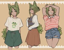  2022 animal_humanoid bottomwear canid canid_humanoid canine canine_humanoid clothing cutoffs denim denim_bottomwear denim_clothing digital_media_(artwork) dress_shirt female fox_humanoid foxtrot_(glacierclear) glacierclear green_hair hair hi_res humanoid mammal mammal_humanoid matcha_green_tea_(glacierclear) multi_tail multiple_outfits pattern_clothing pattern_shirt pattern_topwear polo_shirt shirt shorts skirt smile solo striped_clothing striped_shirt striped_topwear stripes t-shirt tail topwear torn_bottomwear torn_clothing torn_shorts vest 