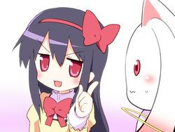  :3 akemi_homura ayakashi_(monkeypanch) bad_id bad_pixiv_id black_hair bow female hair_ribbon hoop katou_emiri kyuubee long_hair lucky_star mahou_shoujo_madoka_magica mahou_shoujo_madoka_magica_(anime) mitakihara_school_uniform open_mouth parody pink_eyes ribbon school_uniform smile style_parody upper_body v-shaped_eyebrows voice_actor_connection 