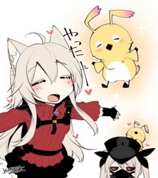  :d =_= ahoge animal_ear_fluff animal_ears bad_id bad_twitter_id bird black_hat black_sclera black_skirt blush cat_ears chaso_(konshin) closed_eyes colored_sclera commentary_request dated female grey_hair hair_between_eyes hat heart jitome konshin long_sleeves multiple_views open_mouth original outstretched_arms red_eyes red_sweater signature skirt smile spread_arms sweater twintails 