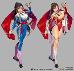  :d between_breasts black_necktie blue_pants blush breasts brown_hair cleavage closed_mouth commentary_request company_name copyright_name copyright_notice detached_collar female hair_between_eyes hair_ornament hand_up highleg highleg_leotard holding holding_sword holding_weapon jacket large_breasts left-handed leotard logo long_sleeves looking_at_viewer matador mole mole_under_eye muleta multiple_views necktie necktie_between_breasts official_art open_clothes open_jacket open_mouth pants photoshop_(medium) pink_socks ponytail popqn purple_eyes qurare_magic_library rapier red_jacket red_leotard sash shoes smile socks standing sword thighlet weapon white_socks wing_collar 