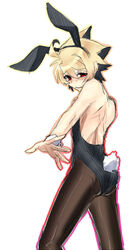  ahoge animal_ears back bad_id bad_pixiv_id banned_artist bare_shoulders black_hair blonde_hair blush bunny_boy bunny_ears bunny_tail bunnysuit crossdressing embarrassed fake_animal_ears hyde_(under_night_in-birth) male_focus multicolored_hair otoko_no_ko pantyhose red_eyes short_hair solo spiked_hair tail two-tone_hair under_night_in-birth wrist_cuffs yusano 