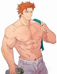  1boy abs absurdres arm_hair arm_up biceps bottle chest_hair closed_mouth collarbone commentary dated ear_piercing earrings english_commentary fire_emblem fire_emblem:_three_houses grey_pants groin highres holding holding_unworn_clothes jewelry looking_to_the_side male_focus male_pubic_hair nipples orange_hair pants pectorals piercing pubic_hair satodee short_hair sideways_glance signature simple_background single_earring smile solo sweat sweatdrop sweatpants sylvain_jose_gautier topless_male twitter_username unworn_clothes water_bottle white_background 