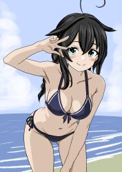  absurdres ass_visible_through_thighs beach bikini black_bikini black_hair blue_eyes blue_sky bone_namu(namu49850) braid breasts cleavage cloud commentary_request day female front-tie_bikini_top front-tie_top hair_flaps highres horizon kantai_collection long_hair medium_breasts ocean outdoors shigure_(kancolle) shigure_kai_ni_(kancolle) side-tie_bikini_bottom single_braid sky smile solo swimsuit v 