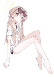  arm_garter bare_legs barefoot bikini blue_archive blush bright_pupils brown_hair collarbone cram960 eyewear_on_head female frilled_bikini frills halo head_tilt hifumi_(blue_archive) hifumi_(swimsuit)_(blue_archive) highres long_hair looking_at_viewer navel official_alternate_costume side-tie_bikini_bottom simple_background solo stomach sunglasses swimsuit toes twintails very_long_hair white_background white_bikini white_pupils yellow_eyes 