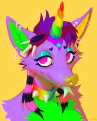  anthro canid canine collar equid equine eyewear glitter goggles hi_res horn lostgoose mammal mythological_creature mythological_equine mythology piercing portrait simple_background solo sparklefur unicorn yellow_background 