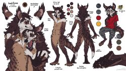  anthro brown_eyes clothing hi_res lostgoose lostgoose_(character) male mammal model_sheet open_mouth paws red_clothing red_shirt red_topwear shirt simple_background topwear viverrid 