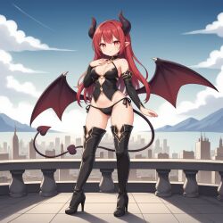  boots breasts cleavage demon_girl demon_horns demon_tail female highres horns long_hair original red_eyes red_hair tail thigh_boots 