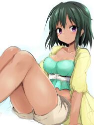  arm_support blue_background blush breasts brown_shorts cleavage closed_mouth collarbone commentary_request crop_top cropped_shirt dark-skinned_female dark_skin dot_nose female green_hair green_shirt idolmaster idolmaster_cinderella_girls idolmaster_cinderella_girls_starlight_stage jacket knees_up long_sleeves looking_at_viewer medium_breasts midriff natalia_(idolmaster) open_clothes open_jacket purple_eyes sen_(astronomy) shirt short_hair shorts sitting smile solo two-tone_background white_background yellow_jacket 