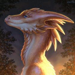  anthro blue_eyes dragon female hi_res horn looking_at_viewer lostgoose mythological_creature mythological_scalie mythology plant scales scalie sky solo tree 