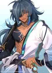  1boy alternate_costume alternate_hairstyle black_nails black_sleeves blue_eyes blue_hair dark-skinned_male dark_skin earrings eyepatch genshin_impact hair_between_eyes highres hiki_yuichi holding holding_sword holding_weapon jewelry kaeya_(genshin_impact) long_hair long_sleeves male_focus multicolored_hair muscular muscular_male open_mouth shirt smile solo sword weapon white_shirt 