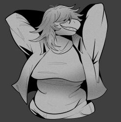  2024 anthro big_breasts bottomwear breasts clothed clothed_anthro clothed_female clothing deltarune digital_drawing_(artwork) digital_media_(artwork) dinosaur female female_anthro freckled_face freckles front_view grey_background greyscale hair hair_over_eyes half-length_portrait hands_behind_head jacket long_hair monochrome monster non-mammal_breasts portrait prehistoric_species reptile scalie sharp_teeth shirt simple_background smile snoozysoozyy susie_(deltarune) teeth topwear undertale_(series) 