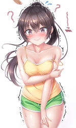  ? @_@ bare_arms black_eyes black_hair blush breasts camisole collarbone commentary_request dolphin_shorts female flying_sweatdrops forced_smile green_shorts hair_between_eyes highres hiro_(725611) long_hair medium_breasts ponytail short_shorts shorts sidelocks simple_background smile solo standing strap_slip suou_yuki tearing_up thighs tokidoki_bosotto_roshia-go_de_dereru_tonari_no_alya-san trembling white_background yellow_camisole 