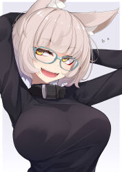  animal_ear_fluff animal_ears arms_behind_head black_collar black_sweater blue-framed_eyewear blush breasts collar fangs female glasses grey_hair heart highres irene_(ogami_kazuki) large_breasts looking_at_viewer netorare ogami_kazuki open_mouth original short_hair simple_background solo sweater upper_body wolf_ears wolf_girl yellow_eyes 