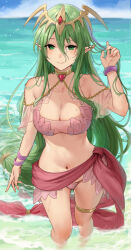  beach bikini breasts cleavage closed_mouth commentary commission female fire_emblem fire_emblem:_mystery_of_the_emblem fire_emblem:_new_mystery_of_the_emblem green_eyes green_hair hair_between_eyes haru_(nakajou-28) highres horizon jewelry large_breasts long_hair long_hair_between_eyes looking_at_viewer nagi_(fire_emblem) navel ocean off-shoulder_bikini off_shoulder outdoors pink_bikini pointy_ears red_sarong sarong shallow_water smile solo standing stomach swimsuit thighlet tiara very_long_hair wading water 