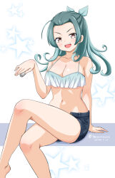  aqua_bikini aqua_ribbon bikini blue_shorts breasts cleavage crossed_legs dated denim denim_shorts feet_out_of_frame female forehead gradient_bikini grey_eyes half_updo kantai_collection long_hair masara_(chuujou) medium_breasts navel one-hour_drawing_challenge open_mouth ribbon short_shorts shorts solo suzunami_(kancolle) suzunami_(swimsuit_mode)_(kancolle) swimsuit teeth twitter_username upper_teeth_only yellow_eyes 