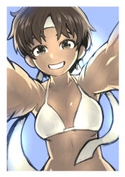  absurdres bikini blue_sky brown_eyes brown_hair collarbone female hair_ribbon halterneck highres kasugano_sakura looking_at_viewer okera ribbon short_hair sky smile solo street_fighter swimsuit white_bikini white_ribbon yukadon yukadon_on_viewer 