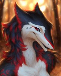  anthro ear_piercing hi_res looking_at_viewer lostgoose male piercing plant portrait red_eyes sergal solo tree 