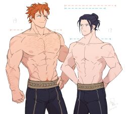  2boys abs arm_hair black_pants blue_hair chest_hair closed_mouth collarbone commentary cowboy_shot dark_blue_hair english_commentary felix_hugo_fraldarius fire_emblem fire_emblem:_three_houses frown hair_bun hairy hands_on_own_hips highres looking_to_the_side male_focus male_pubic_hair multiple_boys multiple_scars nipples orange_hair pants pectorals pubic_hair satodee scar scar_on_arm scar_on_shoulder scar_on_stomach simple_background single_hair_bun smile striped_clothes striped_pants sylvain_jose_gautier topless_male wavy_hair white_background 