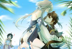  ! 2boys absurdres bare_shoulders barefoot black_hair blank_eyes blue_eyes blurry blurry_foreground brown_hair carrying carrying_person chinese_clothes chinese_hairpin cloud detached_sleeves dress embarrassed eyeshadow face-to-face female genshin_impact grey_hair guizhong_(genshin_impact) hair_between_eyes hair_ornament halter_leotard halterneck hand_on_another&#039;s_ass hand_on_another&#039;s_back hanfu highres leotard long_hair long_sleeves looking_at_another low_ponytail makeup mandarin_collar multiple_boys official_alternate_costume open_mouth outdoors ponytail qing841679 red_eyeshadow sky sleeves_past_fingers sleeves_past_wrists tassel tassel_hair_ornament white_dress wide_sleeves xiao_(genshin_impact) yellow_eyes zhongli_(genshin_impact) zhongli_(lantern_rite)_(genshin_impact) 