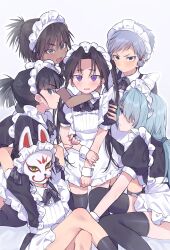  absurdres animal_ears apron black_hair blue_eyes blue_hair blush dark-skinned_male dark_skin dress facial_mark forehead_mark fox_ears frilled_apron frills fubuki_(nige_jouzu_no_wakagimi) grey_hair hair_over_one_eye highres houjou_tokiyuki_(nige_jouzu_no_wakagimi) kazama_genba light_blue_hair long_hair looking_at_viewer low_ponytail maid maid_apron maid_headdress multiple_boys nezu_kojirou nige_jouzu_no_wakagimi open_mouth oshioganen otoko_no_ko ponytail purple_eyes ribbon short_hair sitting thighhighs very_long_hair white_apron white_background 