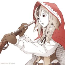  animal_ears black_hair brown_corset brown_gloves cape commentary_request corset female fire_emblem fire_emblem_fates gloves grey_hair gun holding holding_gun holding_weapon hood hood_up hooded_cape long_hair long_sleeves multicolored_hair pointing pointing_at_self red_eyes red_hood sayoyonsayoyo simple_background solo streaked_hair twitter_username two-tone_hair velouria_(fire_emblem) weapon white_background wolf_ears wolf_girl you&#039;re_doing_it_wrong 