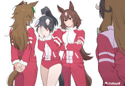  4girls ahoge animal_ears artist_name black_hair blush buruma cellphone commentary crossed_arms ear_covers ear_ornament ears_down hat holding holding_phone horse_ears horse_girl horse_tail jacket katsuragi_ace_(umamusume) long_hair long_sleeves mini_hat mini_top_hat mr._c.b._(umamusume) mukakin multicolored_hair multiple_girls pants phone ponytail red_buruma red_eyes red_jacket red_pants simple_background sirius_symboli_(umamusume) smartphone streaked_hair symbol-only_commentary symboli_rudolf_(umamusume) tail tail_through_clothes top_hat tracen_training_uniform track_jacket track_pants umamusume very_long_hair white_hat 