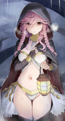  black_thighhighs blush braid braided_sidelock bridal_gauntlets cloak female fire_emblem fire_emblem_awakening haru_(nakajou-28) highres holding holding_lantern hood hood_up lantern long_hair looking_at_viewer navel olivia_(fire_emblem) open_mouth pink_eyes rain solo thighhighs thighs twin_braids 