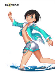  1boy :d alternate_hair_color aqua_jacket ass black_hair closers copyright_name cowboy_shot eyelashes from_side green_eyes highres jacket logo male_focus mistilteinn_(closers) official_art otoko_no_ko running short_hair short_shorts shorts simple_background skinny smile solo tan teeth upper_teeth_only variant_set wading water wavy_hair white_background white_shorts 