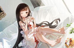  absurdres bare_shoulders barefoot black_hair brown_eyes closed_mouth couch dress feet female food foot_focus frilled_dress frills full_body heart heart_hands highres ice_laozei indoors long_hair looking_at_viewer make_heroine_ga_oo_sugiru! nukumizu_kaju on_couch one_eye_closed pancake see-through see-through_dress sitting sleeveless sleeveless_dress soles solo spread_toes straight_hair strap_slip sundress toes very_long_hair white_dress 