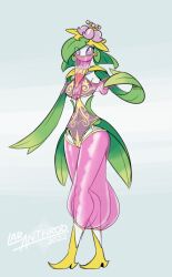  2022 anthro arabian artist_name clothed clothing dancer_outfit digital_media_(artwork) english_text female generation_8_pokemon hisuian_form hisuian_lilligant julija_(latiar) latiar leaf leaf_arms looking_at_viewer nintendo number pokemon pokemon_(species) pokemorph pseudo_hair regional_form_(pokemon) simple_background solo standing text veil 