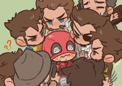  6+boys :3 ? ?? @_@ beard blue_eyes blush bodysuit brown_eyes brown_hair cavillrine chibi chibi_only cigar claw_(weapon) closed_mouth couple cowboy_hat crucifixion deadpool deadpool_&amp;_wolverine deadpool_(series) english_commentary eyepatch facial_hair flustered gloves gun gwindows22 hat highres holding holding_gun holding_weapon looking_at_another male_focus male_harem marvel marvel_cinematic_universe mask mask_lift meme multiple_boys multiple_persona red_bodysuit scar short_hair simple_background single_hand smoke smoking sonic_surrounded_by_amy_plush_dolls_(meme) suit superhero_costume surrounded two-tone_bodysuit wavy_mouth weapon wolverine_(x-men) x-men yaoi yellow_bodysuit 