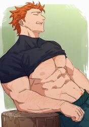  1boy abs absurdres arm_hair arm_rest bara black_shirt chest_hair closed_eyes clothes_lift commentary dutch_angle english_commentary fire_emblem fire_emblem:_three_houses green_pants groin highres hot leaning leaning_back male_focus nipples open_mouth orange_hair pants pectorals profile satodee shirt shirt_lift short_hair short_sleeves solo sweat sweatdrop sylvain_jose_gautier teeth tree_stump upper_teeth_only wavy_hair 