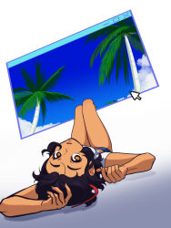  arechan black_hair blue_shorts cloud cloudy_sky commentary cursor dark-skinned_female dark_skin dutch_angle english_commentary female highres knees_up looking_at_viewer lying multicolored_hair on_back original palm_tree parted_lips red_hair shirt shorts sky solo streaked_hair tree two-tone_hair white_shirt window_(computing) 