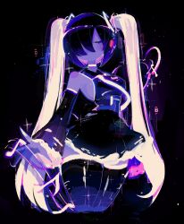  ai-generated_art_(topic) bare_shoulders black_background black_hair black_shirt black_skirt black_sleeves black_thighhighs blush breasts closed_eyes collared_shirt colored_inner_hair detached_sleeves english_commentary female hair_ornament hair_over_one_eye hatsune_miku headphones highres long_hair long_sleeves medium_breasts miniskirt multicolored_hair no_mouth pink_hair shirt simple_background skirt sleeveless sleeveless_shirt solo sparkle standing thighhighs twintails usa37107692 vocaloid wide_sleeves 