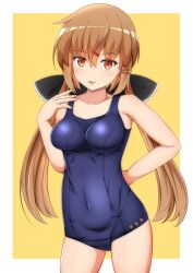  bell_shireikan black_bow blue_one-piece_swimsuit blush bow breasts brown_eyes brown_hair collarbone female hair_between_eyes hair_ornament hairbow hairclip highres kantai_collection long_hair looking_at_viewer low_twintails old_school_swimsuit one-piece_swimsuit school_swimsuit small_breasts smile solo swimsuit tashkent_(kancolle) twintails white_background yellow_background 