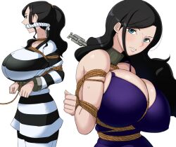  black_hair breasts chains female gag large_breasts long_hair looking_at_viewer nico_robin one_piece rebake simple_background solo 