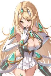  :d bare_shoulders blonde_hair breasts chest_jewel cleavage commentary_request dress elbow_gloves female gloves hair_ornament hand_on_own_hip highres large_breasts long_hair mythra_(xenoblade) okazu2010015 open_mouth short_dress smile solo teeth very_long_hair white_background white_dress white_gloves xenoblade_chronicles_(series) xenoblade_chronicles_2 yellow_eyes 