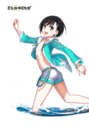  1boy :d alternate_hair_color aqua_jacket ass black_hair closers copyright_name cowboy_shot eyelashes from_side green_eyes highres jacket logo male_focus mistilteinn_(closers) official_art otoko_no_ko running short_hair short_shorts shorts simple_background skinny smile solo teeth upper_teeth_only variant_set wading water wavy_hair white_background white_shorts 