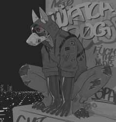  1_eye all_fours american_flag anthro black_arms black_hands black_latex black_paws bottomwear canid canine canis city city_background claws clothing crouching domestic_dog furgonomics gloves graffiti graffiti_on_wall hacony handwear hi_res hoodie jacket latex latex_clothing latex_gloves latex_handwear machine male mammal metallic_body monochrome night pants paw_shoes paws red_eyes robot robot_dog snout solo straps toe_claws topwear torn_bottomwear torn_clothing torn_pants united_states_of_america 