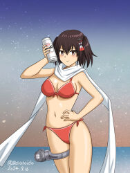  beer_can bikini black_hair breasts brown_eyes can commentary_request cowboy_shot dated drink_can female geru hair_ornament hand_on_own_hip holding holding_can kantai_collection medium_breasts red_bikini scarf searchlight sendai_(kancolle) sendai_kai_ni_(kancolle) side-tie_bikini_bottom solo swimsuit twitter_username two_side_up white_scarf 