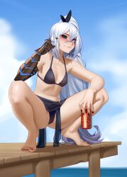  absurdres barefoot bikini black_bikini black_sclera blush breasts can colored_sclera drink_can eris_(atelier951) feet female gauntlets highres kairunoburogu mismatched_sclera nail_polish non-web_source ocean original pier side_ponytail small_breasts soda_can squatting swimsuit 