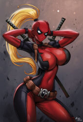  2024 belt blonde_hair bodysuit breasts dated deadpool_&amp;_wolverine deadpool_(series) female hashtag-only_commentary highres katana kyopink lady_deadpool large_breasts long_hair looking_at_viewer marvel marvel_cinematic_universe mask ponytail red_bodysuit solo superhero_costume sword sword_behind_back thick_thighs thighs two-tone_bodysuit utility_belt weapon weapon_on_back 