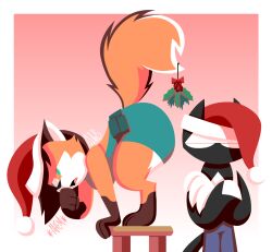  all_fours android animatedjames anthro ass big_butt bottomwear brown_body brown_fur brown_hair canid canine christmas christmas_clothing christmas_headwear clothing crossed_arms duo female fluffy fluffy_tail fox fur furniture hair hat headgear headwear holidays holly_(plant) machine macy male mammal open_back_shirt orange_body orange_fur plant robot robot_anthro santa_hat shirt shorts stool tail talon_(animatedjames) topwear unknown_species white_body white_fur 