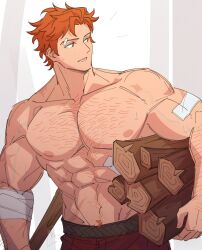  abs absurdres arm_hair bandage_over_one_eye bandaged_arm bandages bara biceps chest_hair collarbone commentary cowboy_shot english_commentary fire_emblem fire_emblem:_three_houses groin highres holding holding_weapon large_pectorals log looking_to_the_side lower_teeth_only male_focus male_pubic_hair nipples open_mouth orange_hair pants pectorals pubic_hair red_pants satodee short_hair sylvain_jose_gautier teeth topless_male wavy_hair weapon 