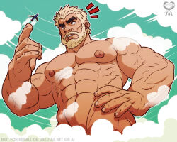  1boy abs aircraft airplane aqua_background artist_logo bara beard blonde_hair character_request cloud copyright_request day english_text facial_hair giant hand_on_own_hip large_pectorals leomon32 looking_at_object male_focus mature_male muscular muscular_male navel nipples outdoors outline pectorals short_hair sky solo stomach thick_eyebrows veins white_outline 