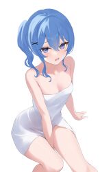  absurdres arm_between_legs blue_eyes blue_hair blush breasts cleavage commentary double-parted_bangs fawny female hair_between_eyes hair_ornament hairclip highres hololive hoshimachi_suisei looking_at_viewer medium_hair naked_towel open_mouth side_ponytail sidelocks simple_background sitting small_breasts solo star_(symbol) star_in_eye symbol_in_eye towel virtual_youtuber wavy_mouth white_background x_hair_ornament 